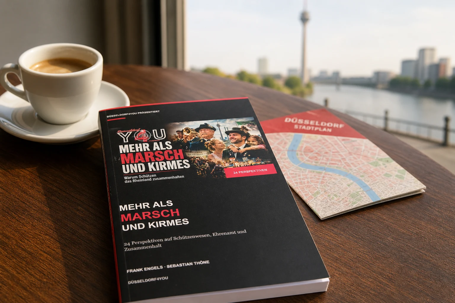 Das Buch Mehr als Marsch und Kirmes auf einem Tisch mit Blick auf Düsseldorf