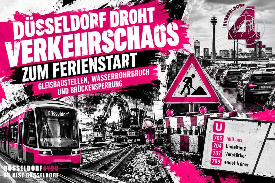 ☝️🫵👉 DÜSSELDORF DROHT EIN VERKEHRSCHAOS ZUM FERIENSTART – GLEISBAUSTELLEN, WASSERROHRBRUCH UND BRÜCKENSPERRUNG