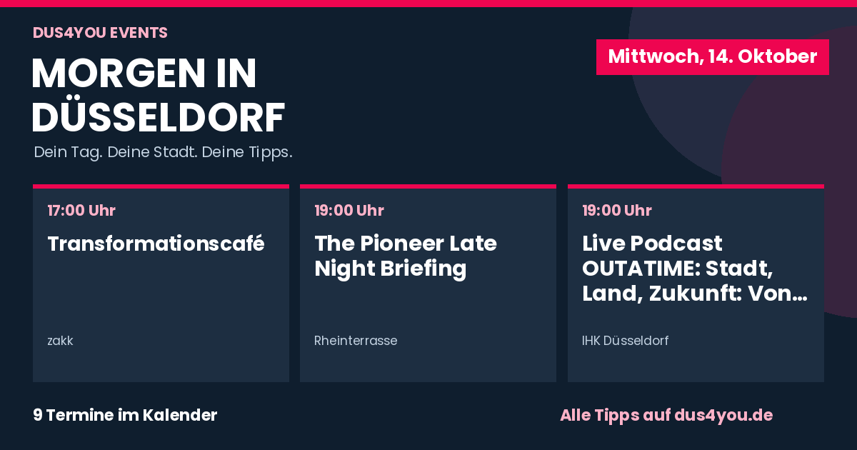 Morgen in Düsseldorf · 14.10.2026 · Transformationscafé · The Pioneer Late Night Briefing · Live Podcast OUTATIME: Stadt, Land, Zukunft: Von selbstfahrenden Autos und einem staufreien Düsseldorf