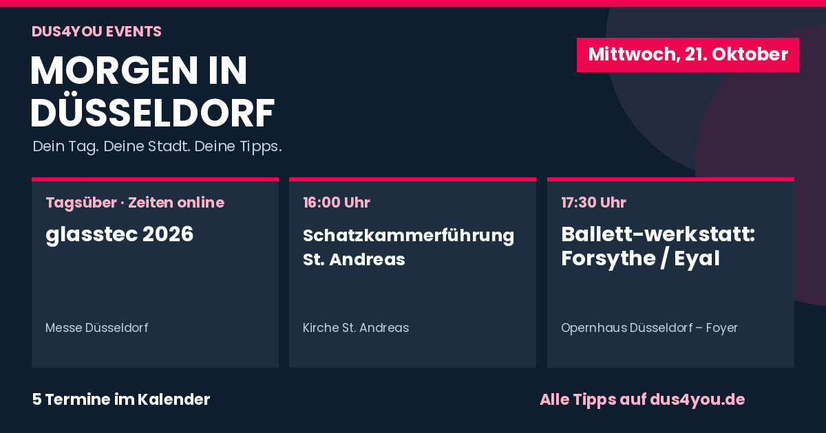 Morgen in Düsseldorf · 21.10.2026 · glasstec 2026 · Schatzkammerführung St. Andreas · Ballettwerkstatt: Forsythe / Eyal