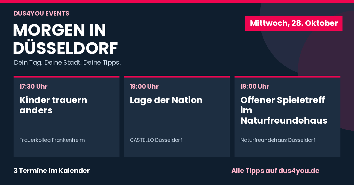 Morgen in Düsseldorf · 28.10.2026 · Kinder trauern anders · Lage der Nation · Offener Spieletreff im Naturfreundehaus