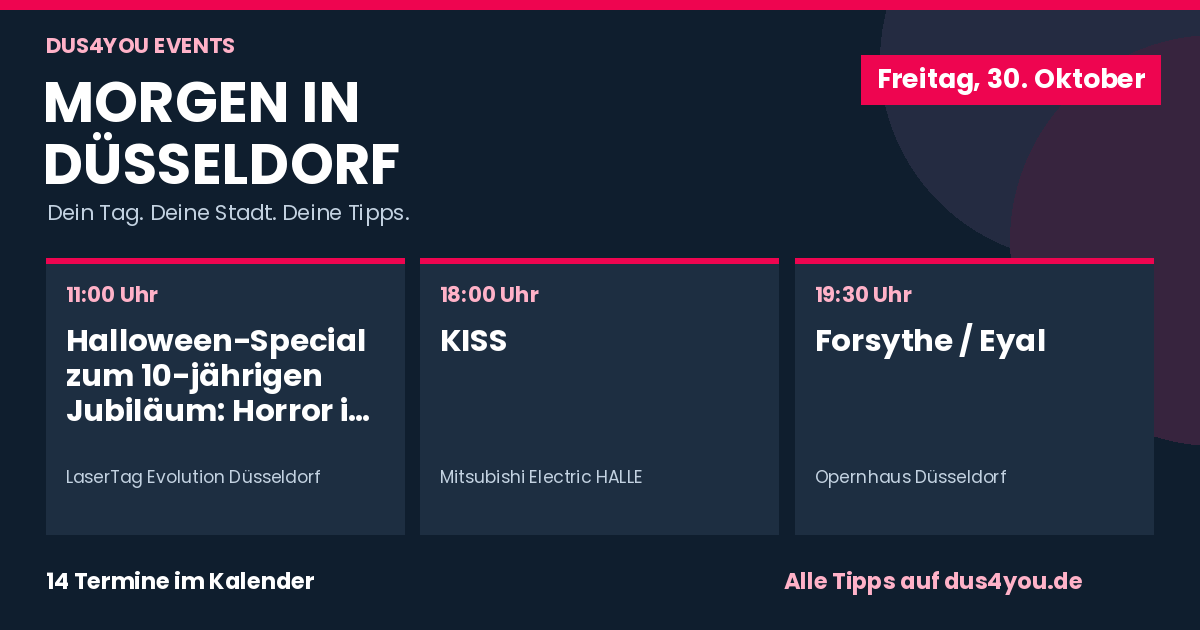 Morgen in Düsseldorf · 30.10.2026 · Halloween-Special zum 10-jährigen Jubiläum: Horror in allen Erlebniswelten – und Monster, die sich bekämpfen lassen · KISS · Forsythe / Eyal
